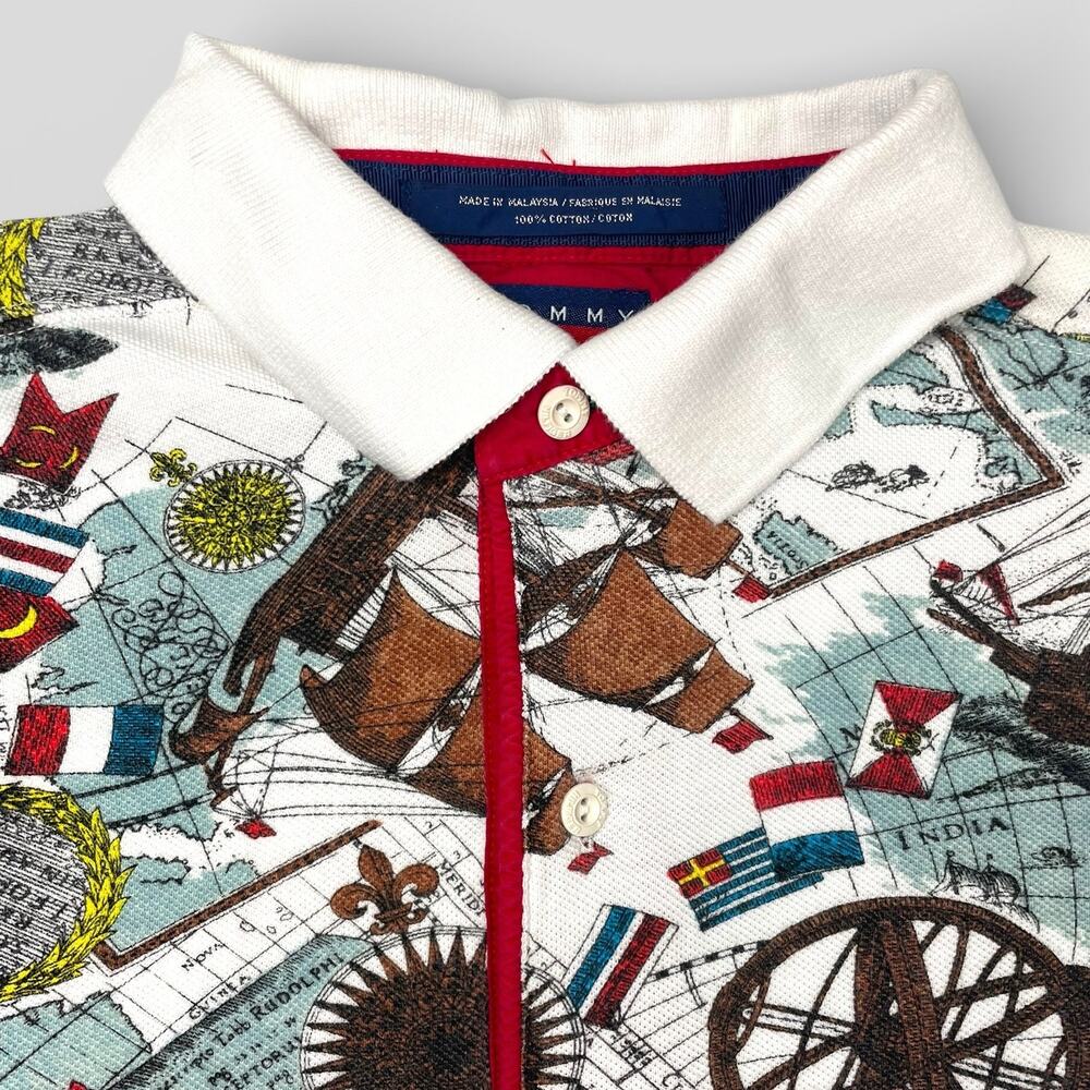 Vintage 90s Tommy Hilfiger Nautical Map AOP Polo Shirt Small S Sailboat - Picture 3 of 7